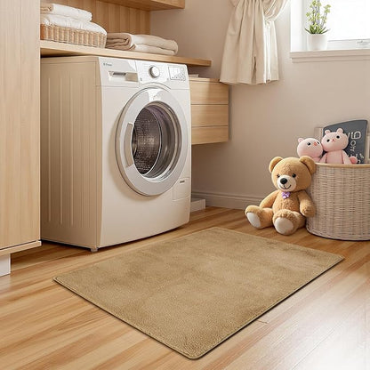 jinchan Solid Plush Area Rug 2x3 Performance Shaggy Washable Rug Indoor Entryway Doormat Soft Modern Faux Wool Cozy Non Slip Carpet for Living Room Kid Room Bedroom Nursery Tan