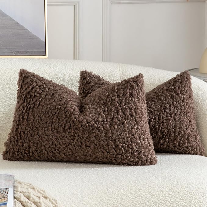 Yaertun Pack of 2 Faux Fur Throw Pillow Covers Decorative Sherpa Boucle Pillow Covers Fuzzy Soft Pillowcases Sheepskin Fleece Cushion Case for Couch Sofa Bed Living Room 12x20 Inch Chocolate
