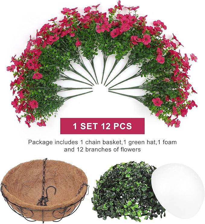Artificial Fake Hanging Plants Flowers Basket Outdoors Outside Summer Decoration,Hanging Planters with Faux Silk Flowers Realistic UV Resistant for Home Indoor Porch Front Patio Balcony Garden Fuchsia