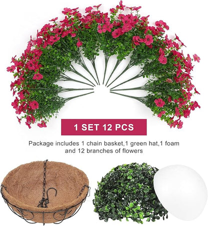 Artificial Fake Hanging Plants Flowers Basket Outdoors Outside Summer Decoration,Hanging Planters with Faux Silk Flowers Realistic UV Resistant for Home Indoor Porch Front Patio Balcony Garden Fuchsia