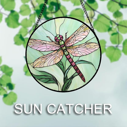DASTOLL Stained Glass Window Hanging 4 Pcs Set Pink Green Insect Theme 9.8" - Butterfly Suncatcher Door Garden Sun Catcher Decor Birthday Christmas for Mom Woman Nana Men