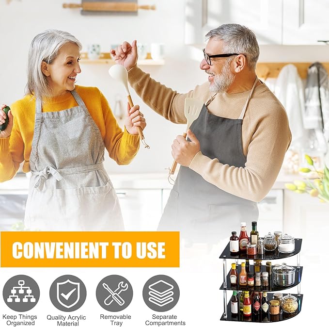 Novabright Acrylic Kitchen Cabinet Organizer with 3 Tier Acrylic Spice Organizer 10 x 10 x 4.17 Inch Black Plate Display Rack Fan Shaped Shelf for Kitchen Bathroom Countertop Desk Dishes Bowls Storage