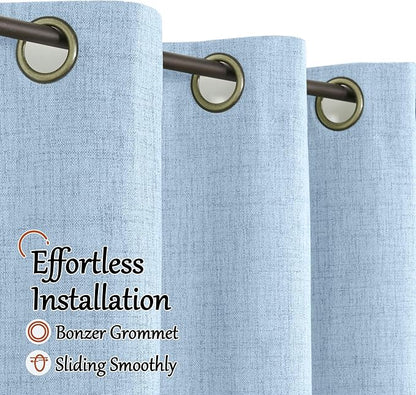 Baby Blue Linen Blackout Curtains for Nursery 72 Inch Length 2 Panels Set, Thermal Insulated Boho Total Black Out Noise Reducing Bonzer Grommets Window Curtains for Kids Bedroom, Each 52 Inch Wide