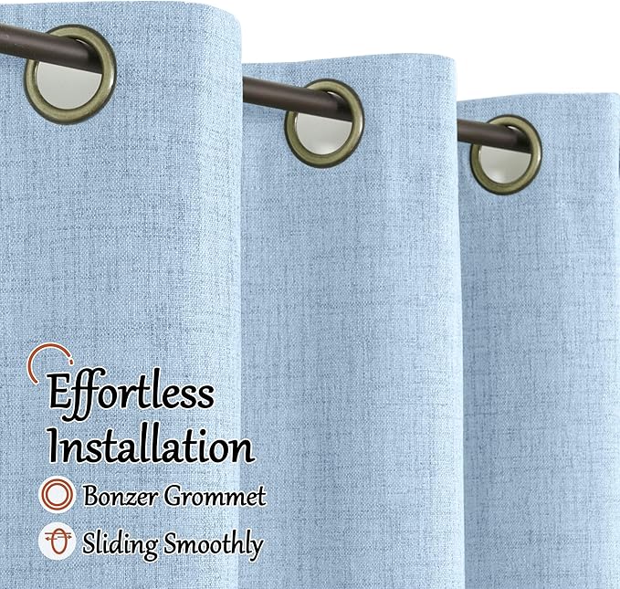 Baby Blue Linen Blackout Curtains for Nursery 63 Inch Length 2 Panels Set, Thermal Insulated Boho Total Black Out Noise Reducing Bonzer Grommets Window Curtains for Kids Bedroom, Each 52 Inch Wide