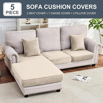 Couch Cover 3-Piece Elastic Velvet Couch Cushion Covers & Chaise Slipcovers for L-Shaped Sofas - Sofa Seat Covers Washable, Soft Protector for Couches (2 Seater + Chaise, Ivory)