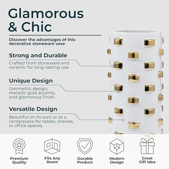 Modern Glam Stoneware Vase with Geometric Accents – Decorative Ceramic Flower Holder – Elegant Home Decor Accent for Living Room, Bedroom, Dining Room, or Office – 11", White and Gold
