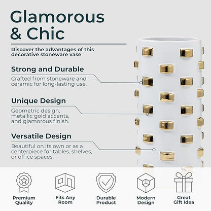 Modern Glam Stoneware Vase with Geometric Accents – Decorative Ceramic Flower Holder – Elegant Home Decor Accent for Living Room, Bedroom, Dining Room, or Office – 11", White and Gold