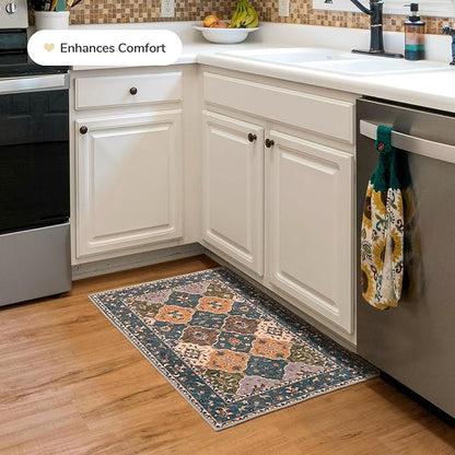 Lessymo Moroccan Washable Rugs for Entryway, Faux Wool 2x3 Small Area Rug for Kitchen Bathroom Corridor - Non-Slip Indoor Door Mat Low Plie Stain Resistant Boho Runner Rug, Olive Green and Gold