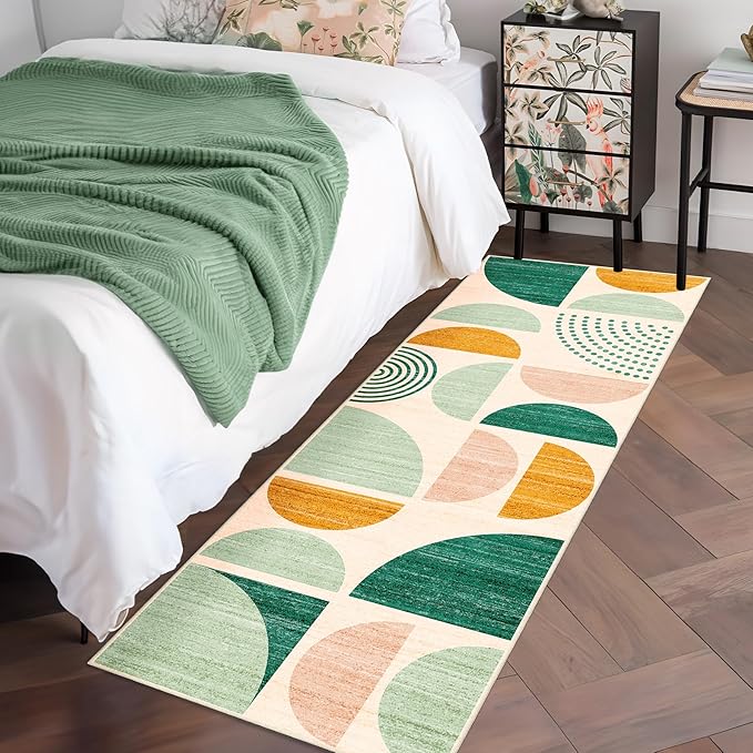 MUJOO Green Runner Rug Washable,Boho 2x6 Area Rugs for Hallways Kitchen Bathroom Bedroom Entryway,Non Slip Carpet Long Mat Indoor,Soft Modern Abstract Sage Green
