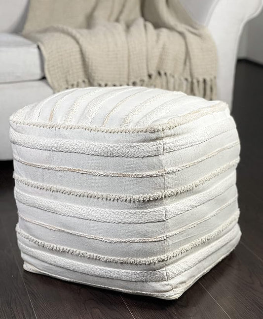 Chardin home Unstuffed Ottoman, Cozy & Bohemian Pouf Covers, Hand Crafted Casual Seating, Footrest, Square Floor Pillow for Home, Office, Bedroom, Living Room, 16 x 16 x16 Inch., Ivory-Beige.