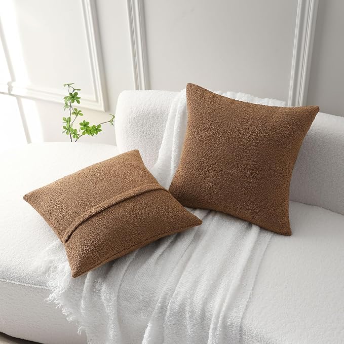FUTEI Pack of 2 Tobacco Decorative Throw Pillow Covers 20x20 Inch Soft Cozy Solid Boucle Textured Cushion Case,Modern Home Decor for Couch Bed Living Room