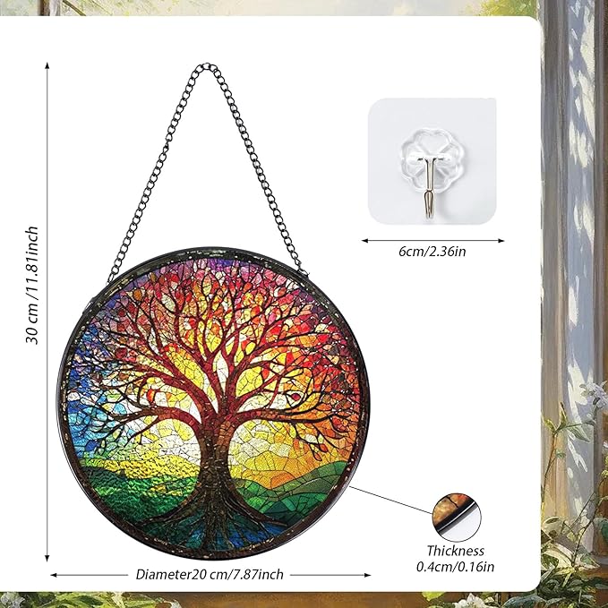 Rngmsi Tree of Life Sun Catchers Stain Glass Window Hanging Indoor, 7.8″ Stained Glass Window Hanging Home Decor, Suncatcher Wall Art Gift for Women Thanksgiving Christmas Housewarming