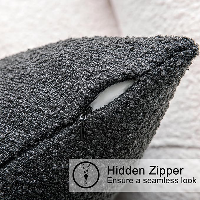 20"x20" Charcoal Black Boucle Throw Pillow Covers with Faux Leather Accents Set of 2 Fluffy Textured Decorative Pillow Cases for Couch Bed Boho Farmhouse Square Cushion Covers for Nordic Home