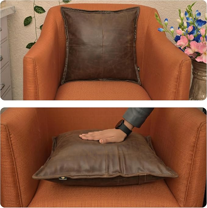LL LEATHER LOVERS Lambskin Leather Pillow Cover - Sofa Cushion Case - Decorative Throw Covers for Living Room & Bedroom, 18x18 Inches - Chiku Brown Box Pack of 2