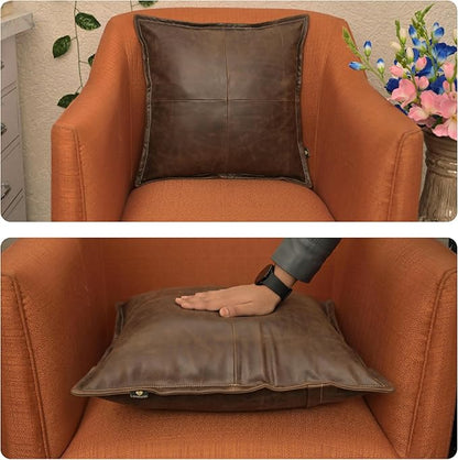 LL LEATHER LOVERS Lambskin Leather Pillow Cover - Sofa Cushion Case - Decorative Throw Covers for Living Room & Bedroom, 18x18 Inches - Chiku Brown Box Pack of 2