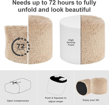 Hansleep Pouf Ottoman Foam Filled 17 x 14, Faux Fur Round Ottoman Foot Rest for Chair with Washable Cover, Foot Stools Under Desk for Living Room & Bedroom, Brown