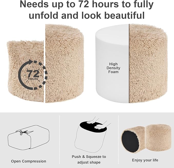 Hansleep Pouf Ottoman Foam Filled 20 x 15, Faux Fur Round Ottoman Foot Rest for Chair with Washable Cover, Foot Stools Under Desk for Living Room & Bedroom, Brown