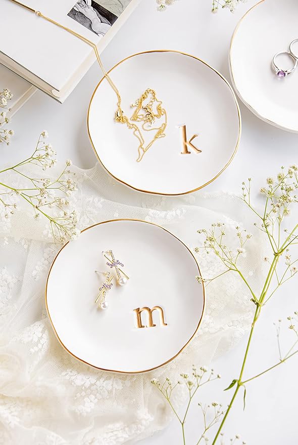 COLLECTIVE HOME - Ceramic Jewelry Tray, Decorative Trinket Dish for Rings Earrings Necklaces Bracelet Watch Keys, Birthday Mother's Day Christmas Gift for Women, 4.75", White Surface (R)
