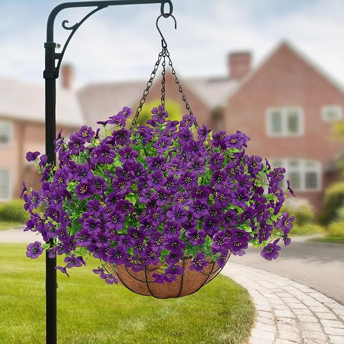 Artificial Fake Hanging Plants Flowers Basket Outdoors Outside Summer Decor, Hanging Planter with Faux Silk Daisy Flower Realistic UV Resistant for Porch Front Patio Balcony Garden Yard Spring（Purple）