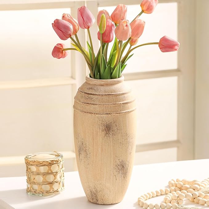 Ceramic Flower Vase with Handles, 12 inch Tall Vase for Centerpieces, Large Decorative Terracotta Vases, Farmhouse Rustic Vases for Home Decor, Living Room, Table, Neutral vase Lyeec