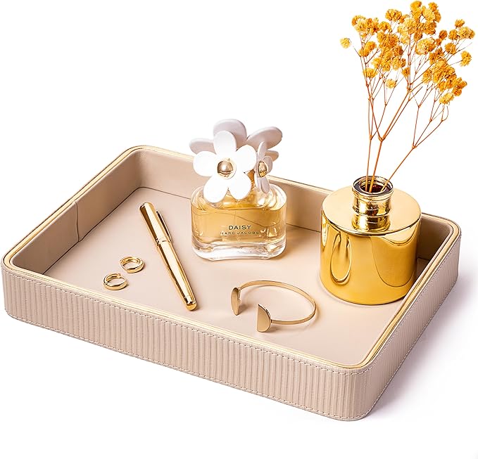Perfume Tray Valet Tray Night Stand Organizer| Perfume Organizer Catchall Perfume Trays for Dresser Vanity Tray for Dresser| Perfume Holder (Beige 8"x11"x1.75")