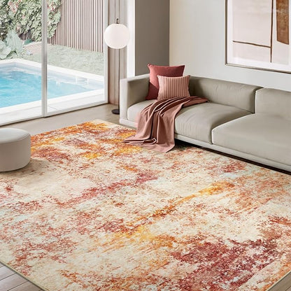 9x12 Area Rug for Living Room- Washable Rugs Modern Neutral Abstract Rug Soft Low Pile No Slip Stain Resistant Rug Indoor Large Carpet for Bedroom Dining Room Nursery Room Home - Pink/Orange