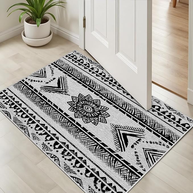 Area Rugs Moroccan for Living Room 5x7, Washable Non-Slip Boho Rug, Neutral Farmhouse Soft Carpet for Bedroom, Kitchen, Dining Room, Entryway, Geometric Print Tribal Carpets, Black and White