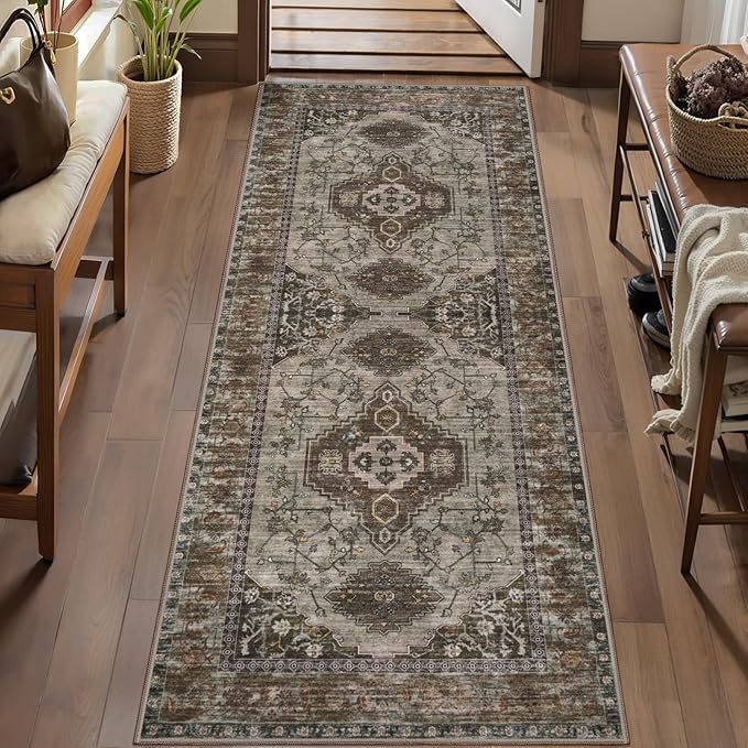 Tangsoo 2x6 Washable Runner Rug for Hallways, Non Slip Vintage Runner Rug, Soft Low Pile Long Rug Runner, Print Distressed Carpet Runners for Kitchen Bedroom Entryway Bathroom Living Room Grey