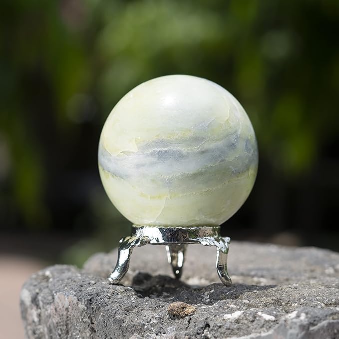 Crocon Serpentine Stone Sphere Ball with Metal Stand - 1400+ Carats Healing Sphere Sculpture for Fengshui, Home Decoration, Photography