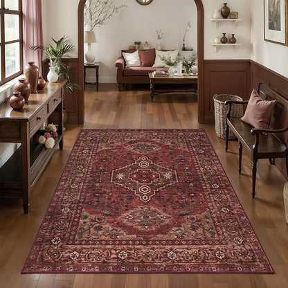 Tangsoo 3x5 Washable Rugs Oriental Area Rug, Vintage Non Slip Indoor Accent Rug, Print Distressed Dark Red Carpet, Soft Low Pile Rug for Living Room Dining Bedroom Bedside Entryway