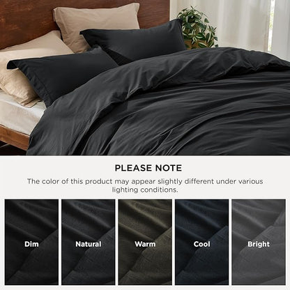 Bedsure 100% Washed Cotton Duvet Cover Queen Size - Black Minimalist Cotton Duvet Cover Linen Like for All Seasons - GentleSoft™ Plain Simple Bedding (Black, Queen, 90"x90")
