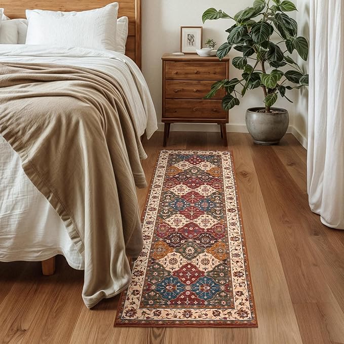 Lessymo Hallway Runner Rug, 2x5 Washable Runner Rugs for Entryway Kitchen Bathroom Corridor - Faux Wool Non-Slip Indoor Door Mat Low Plie Stain Resistant Boho Rug Moroccan, Classic Red and Cream