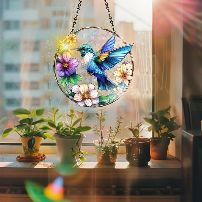 Bimkole Blue Hummingbird Sun Catchers Indoor Window - Hummingbirds Acrylic Suncatcher Hanging Decoration for Living Room Bedroom Summer Home Balcony Outdoor Garden Ornaments Decoration 7.8x7.8 Inch