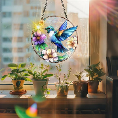 Bimkole Blue Hummingbird Sun Catchers Indoor Window - Hummingbirds Acrylic Suncatcher Hanging Decoration for Living Room Bedroom Summer Home Balcony Outdoor Garden Ornaments Decoration 7.8x7.8 Inch