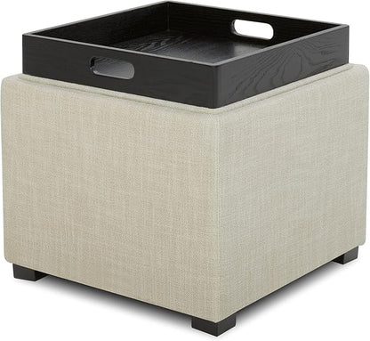 CHITA Storage Ottoman Cube with Tray Lid, Small Footstool with Storage, Square End Table for Living Room and Bedroom, Fabric in Linen