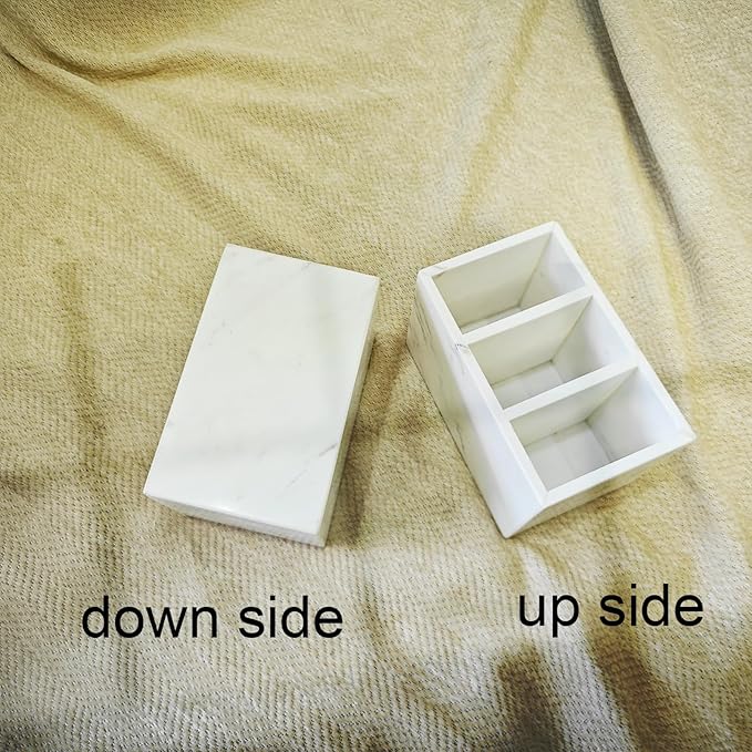 Marble Pen Holder, White Stone, Rectangular Desktop Organizer for Office Study (white 3 layer)