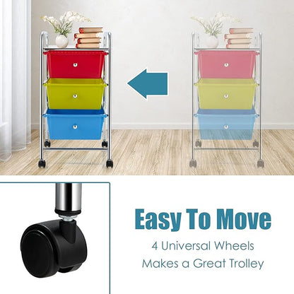 Giantex Rolling Cart with Drawers, Craft Organizer with Wheels, 3 Drawer Storage Container Bins for Back to School Office Scrapbook Paper Tools Red, Green & Blue