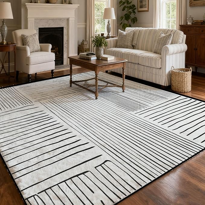 Area Rug 6x9 Feet Abstract Lines, Non-Slip Comfort Floor Mat Washable Rug Modern High Traffic Durable for Living Room, Bedroom, Home Office (Black White)