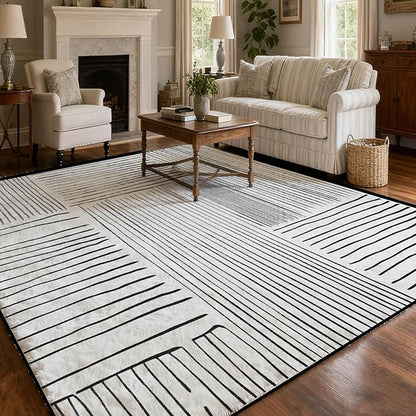 Area Rug 6x9 Feet Abstract Lines, Non-Slip Comfort Floor Mat Washable Rug Modern High Traffic Durable for Living Room, Bedroom, Home Office (Black White)