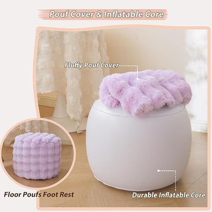 LIFEREVO Faux Rabbit Fur Round Inflatable Pouf Ottoman, 20 X 16 Plush Waffle Bubble Floor Poufs Foot Rest Living Room Bedroom, Light Purple Furry Pouf Foot Stool for Girls Adults, Anti-Slip, Lavender