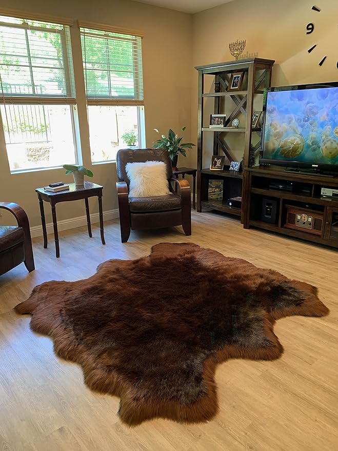 LAMBZY Faux Sheepskin Super Soft Hypoallergenic Silky Shag Rug for Living Room, Kids Room, Sofa (Sexto 6 Pelts 6'x6', Brown)