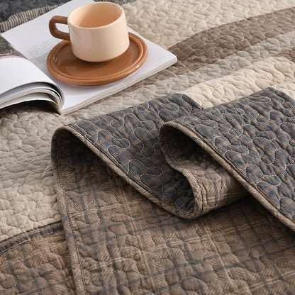 EWlinens Oversized King Bedspread Set 120"x120" - 100% Cotton Extra Large Quilts King Size, Farmhouse Patchwork Striped Plaid Bedspreads with 2 Pillow Shams, All Season, Dark Brown/Beige/Gray