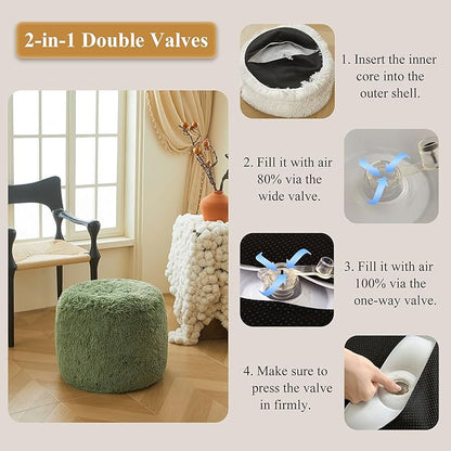 XeGe Fluffy Faux Fur Inflatable Pouf Ottoman, Cozy Portable Shaggy Fuzzy Foot Stool Moss, Plush Furry Foot Rest Floor Pouf, Round Ottoman Cushion for Living Room Bedroom Home Decor, Sage Green