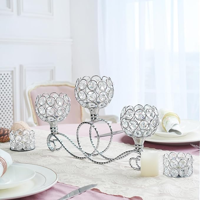 Silver 2 Pcs-3Arm Metal Crystal Tea Light Candle Holder, Elegant Wedding Table Centerpiece Candle Holder, Christmas Wishing Crystal Bowl Candle Holder Suitable for Wedding Party Living Room Decoration