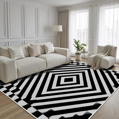 Black and White Rug 8x10, Checkered Soft Thin Indoor Floor Mats Carpet, Non-Slip Stain Resistant Washable Rugs, Modern Rhombus Geometric Rugs for Living Room, Farmhouse Rug