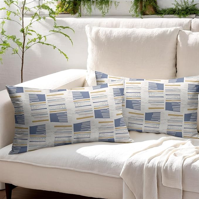 Blue Yellow Striped Lumbar Pillow Covers 12x20 Set of 2 Beige Pattern Neutral Decorative Outdoor Boho Pillowcases with Zipper Rustic Farmhouse Decorations Throw Cushion Cover Decor for Couch Sofa Bed