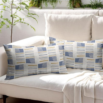 Blue Yellow Striped Lumbar Pillow Covers 12x20 Set of 2 Beige Pattern Neutral Decorative Outdoor Boho Pillowcases with Zipper Rustic Farmhouse Decorations Throw Cushion Cover Decor for Couch Sofa Bed