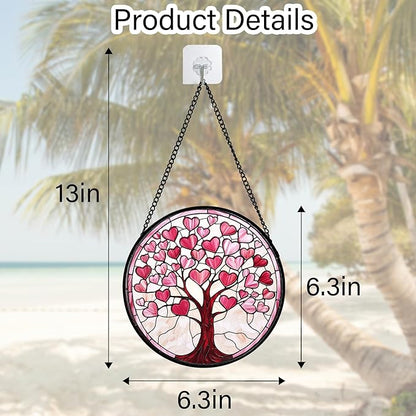 DASTOLL Stained Glass Window Hanging, Valentine's Day Gifts Pink Love Heart Tree Suncatcher Hangings Beige Sun Catchers Decor for Birthday for Women, Men, Wife, Aunt, Mom 6.3 in