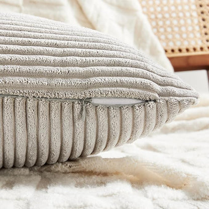 Fancy Homi 2 Packs Neutral Grey Lumbar Decorative Throw Pillow Covers 16x28 Inch for Living Room Couch Bed Sofa, Farmhouse Home Decor, Soft Striped Corduroy Rectangle Accent Cushion Case 40x70 cm