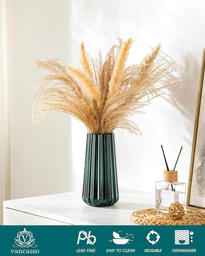 vancasso Ceramic Vase, 7.8 Inch Modern Ribbed Glossy Decorative Vase, Flower vase for Home Decor, Living Room, Bedroom, Office Decor, Green
